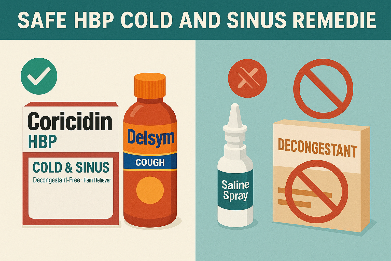 Safe and unsafe hbp cold medicine and hbp sinus medicine compared visually.