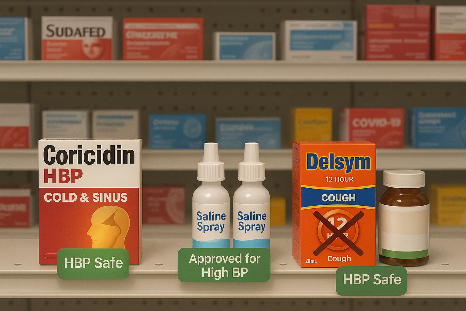 Pharmacy cold medicine shelf with HBP-safe products highlighted for high blood pressure patients.
