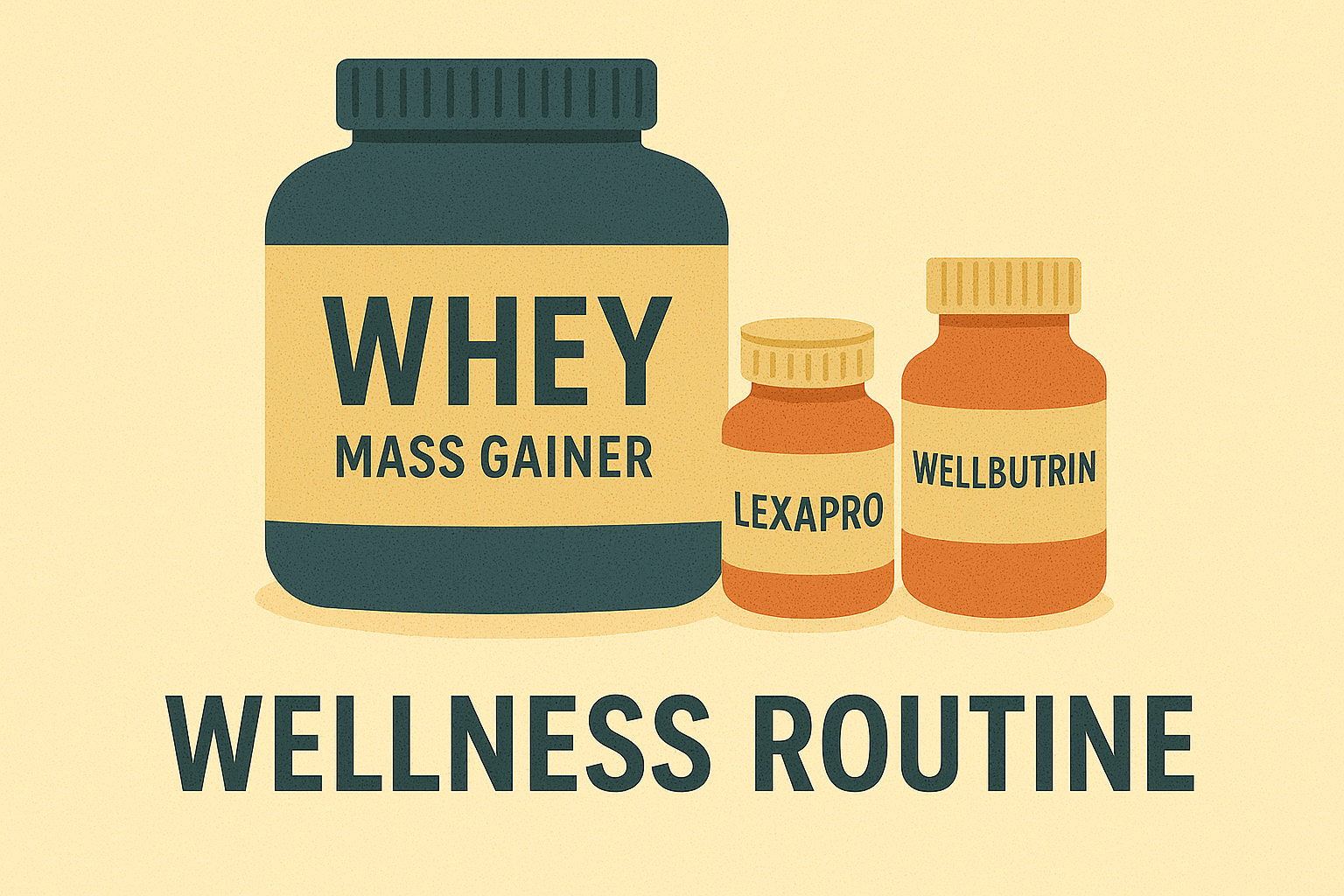 Whey mass gainer protein and Lexapro in a wellness routine.