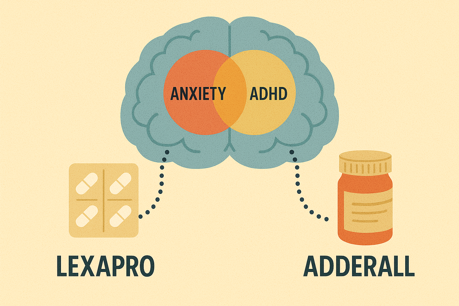 Brain diagram showing overlap between ADHD and anxiety with Lexapro and Adderall treatment.