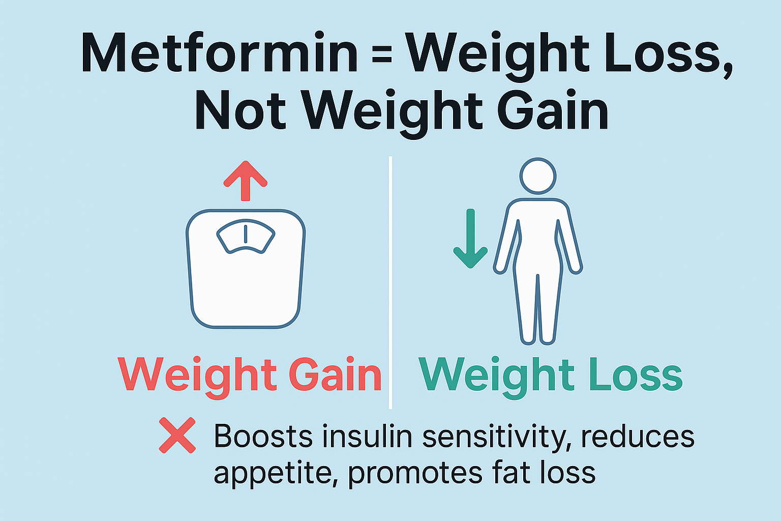 Infographic comparing weight gain and weight loss with metformin. Left side shows a red arrow pointing up over a scale labeled “Weight Gain” with a red X. Right side shows a slimmer figure with a green down arrow labeled “Weight Loss.” Caption reads: Metformin = Weight Loss, Not Weight Gain. Boosts insulin sensitivity, reduces appetite, promotes fat loss.
