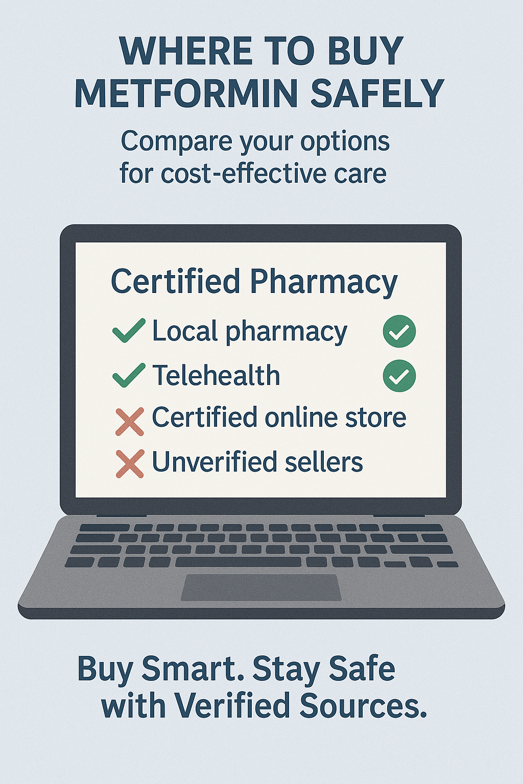 Infographic titled 'Where to Buy Metformin Safely' showing a laptop screen with a checklist. Green checkmarks appear next to 'Local pharmacy' and 'Telehealth', while red X marks are beside 'Certified online store' and 'Unverified sellers'. Text below reads: 'Buy Smart. Stay Safe with Verified Sources.'