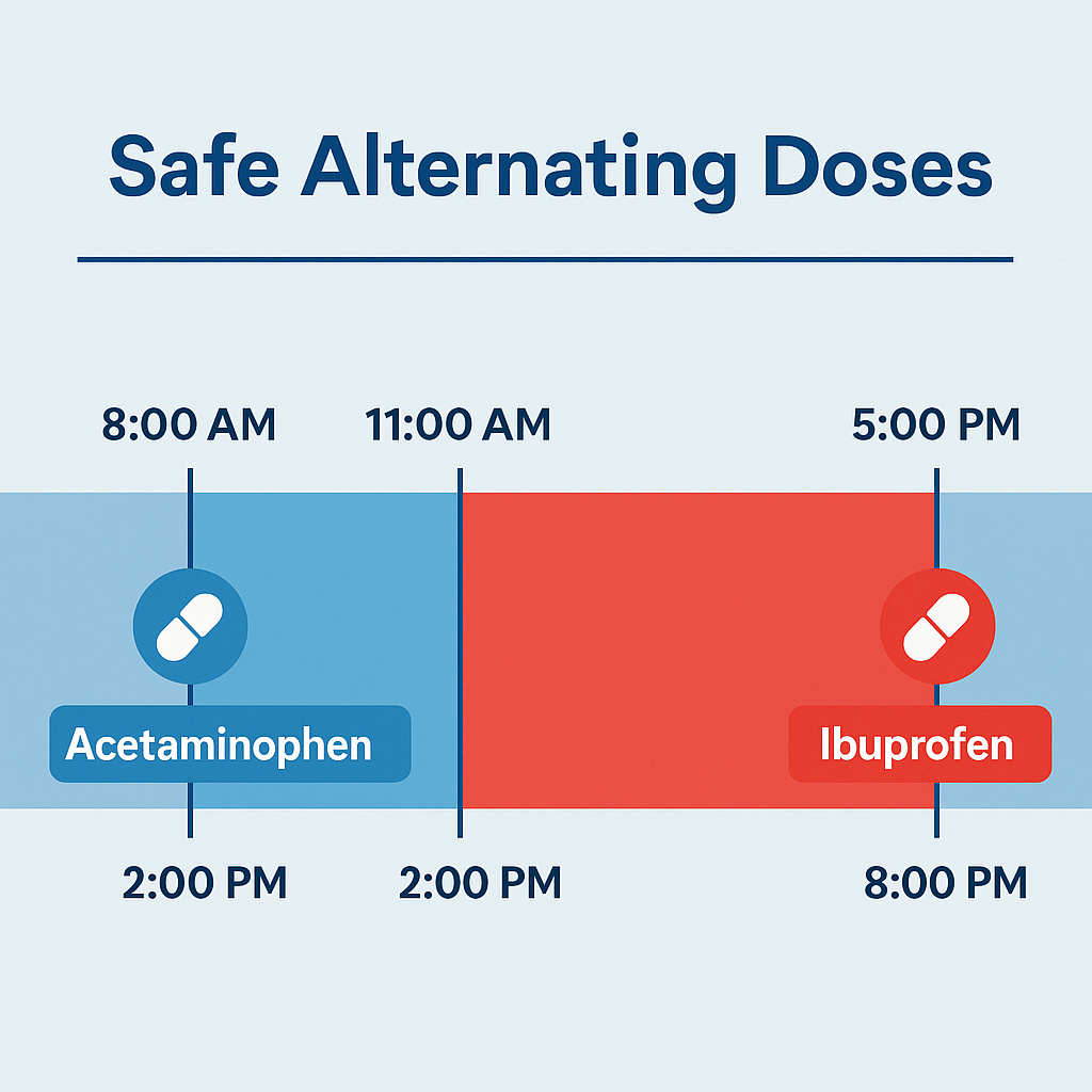 Infographic timeline showing how to safely alternate doses of acetaminophen and ibuprofen over a 12-hour period, with color-coded pill icons and suggested dosing times.