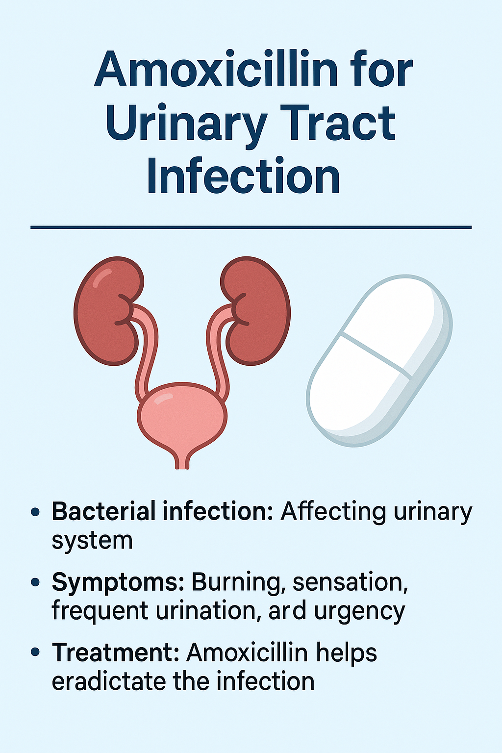 Illustration of the urinary system with a pill representing Amoxicillin, showing that UTIs are bacterial infections treated with antibiotics like Amoxicillin and listing common UTI symptoms.